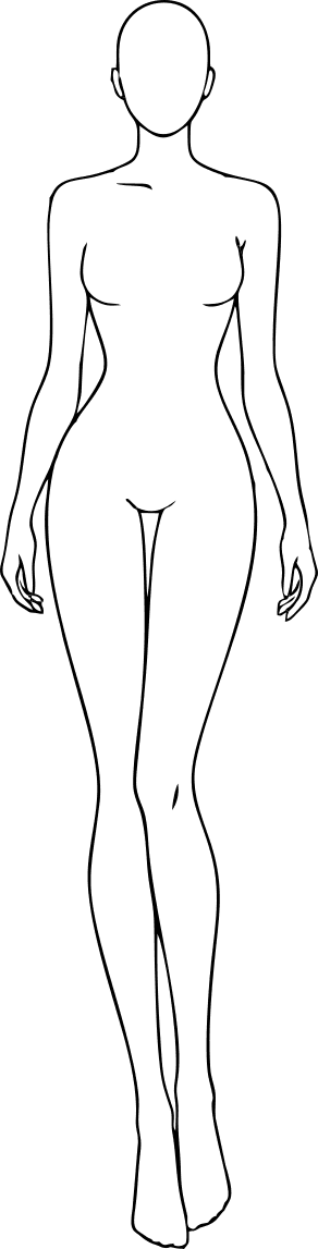 Front-facing body outline marked with the bust, waist, and hip measurement lines